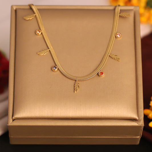 Gold Plated Snake Chain Necklace with Feather Charms & Colorful CZ Stones | Boho Chic Dainty Jewelry