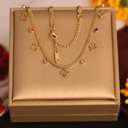 Gold Plated Snake Chain Necklace with Clover & Colorful Gemstone Charms | Modern Dainty Jewelry