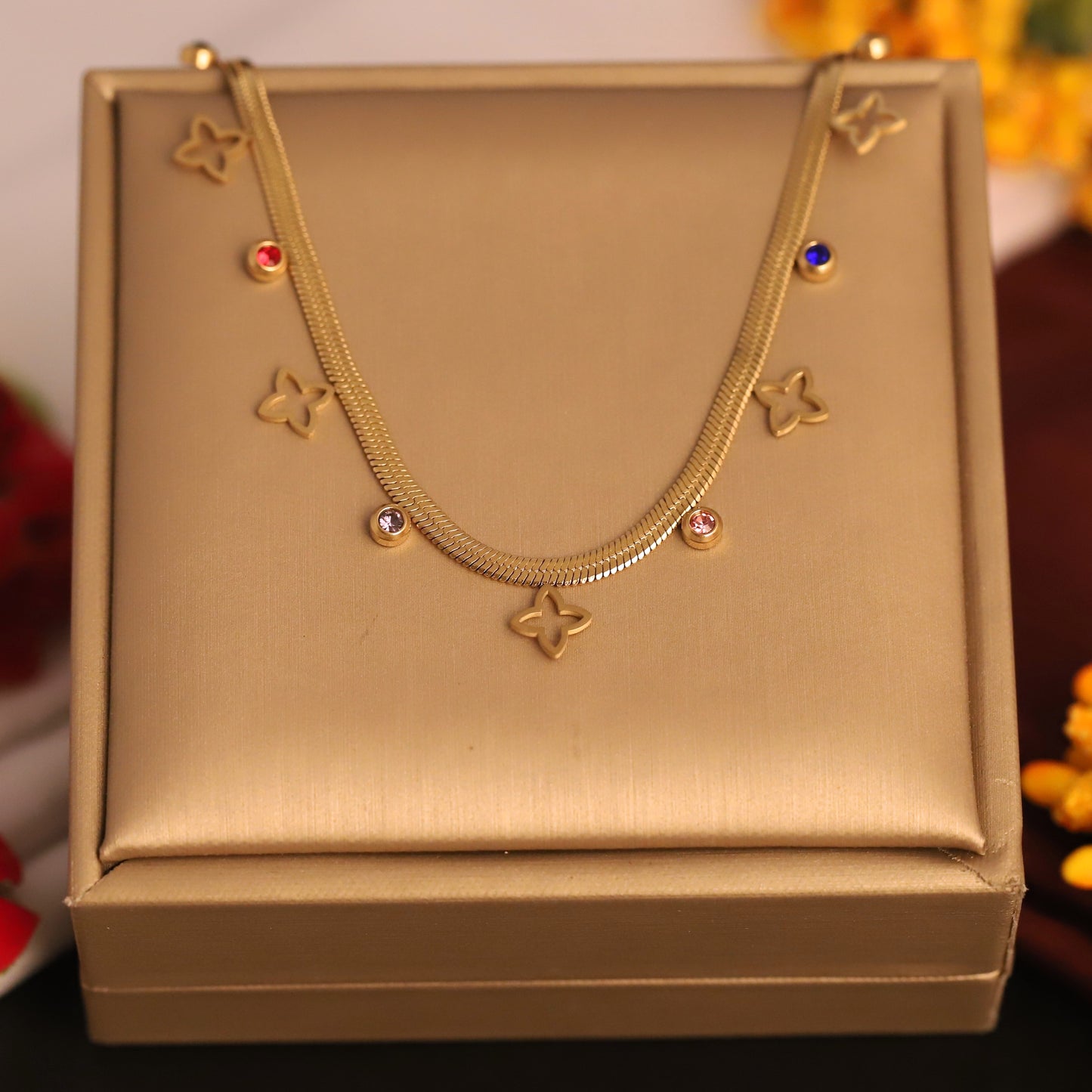 Gold Plated Snake Chain Necklace with Clover & Colorful Gemstone Charms | Modern Dainty Jewelry