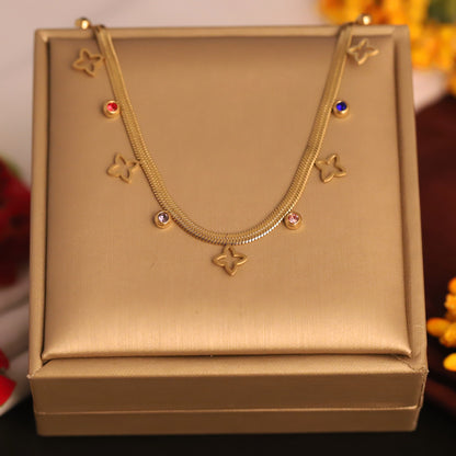 Gold Plated Snake Chain Necklace with Clover & Colorful Gemstone Charms | Modern Dainty Jewelry