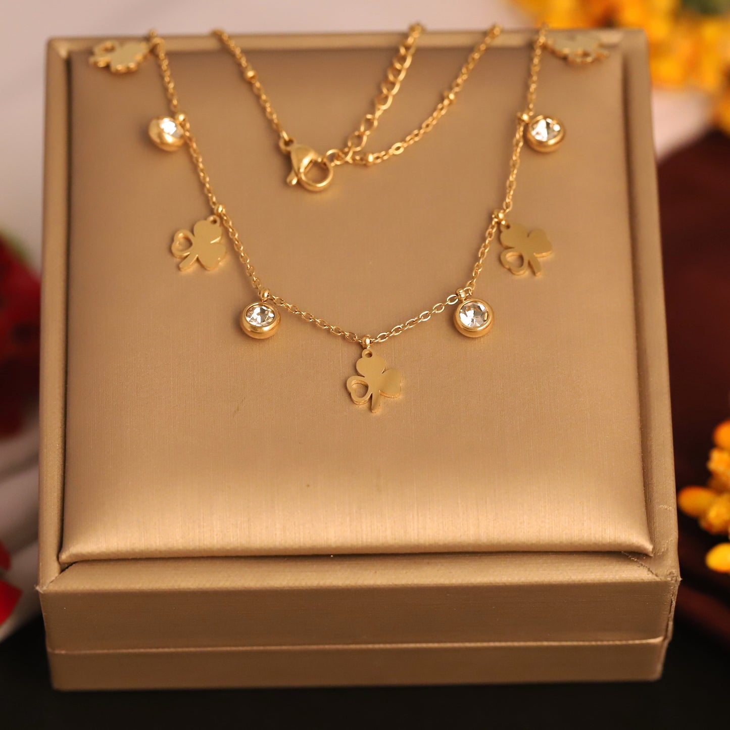 Charming Gold Plated Three-Leaf Clover & Zircon Necklace - Lucky Charm Jewelry for Women