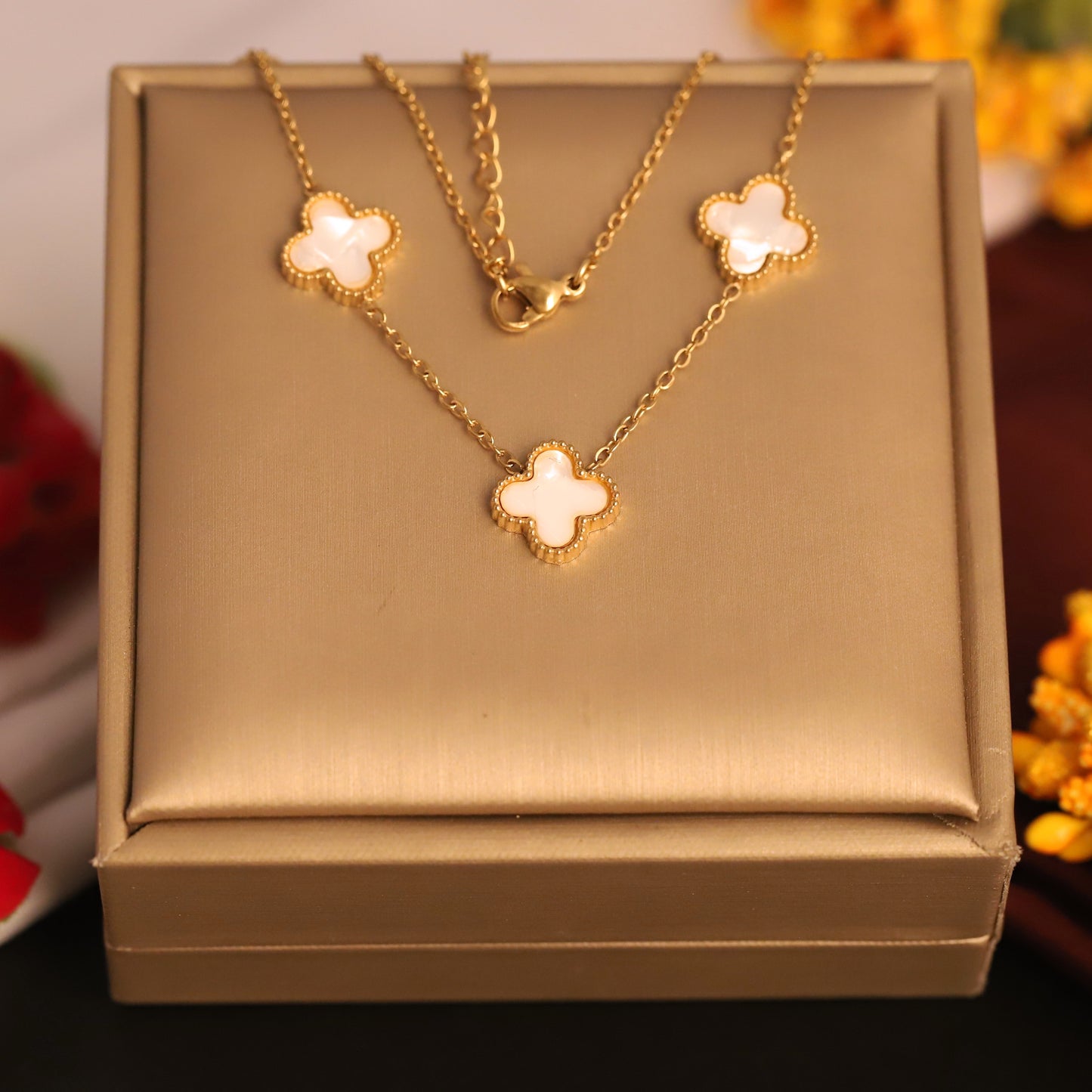Gold Four Leaf Clover Necklace - Mother of Pearl Lucky Charm Pendant