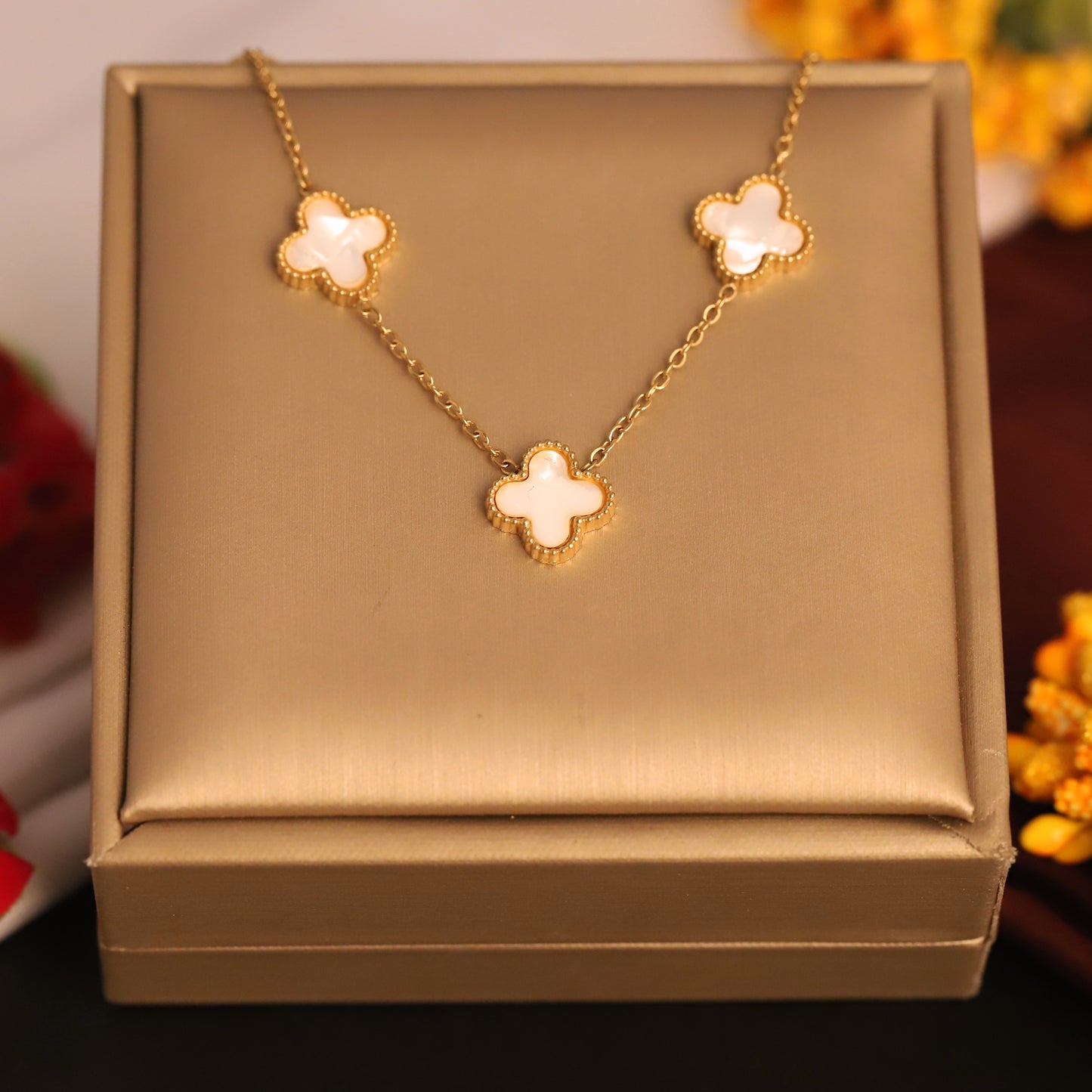 Gold Four Leaf Clover Necklace - Mother of Pearl Lucky Charm Pendant