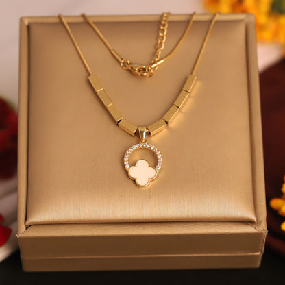 22K Gold Plated White Clover Necklace | Sparkling Halo Stainless Steel Pendant