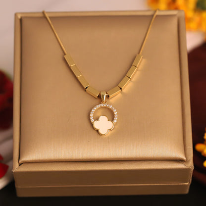 22K Gold Plated White Clover Necklace | Sparkling Halo Stainless Steel Pendant