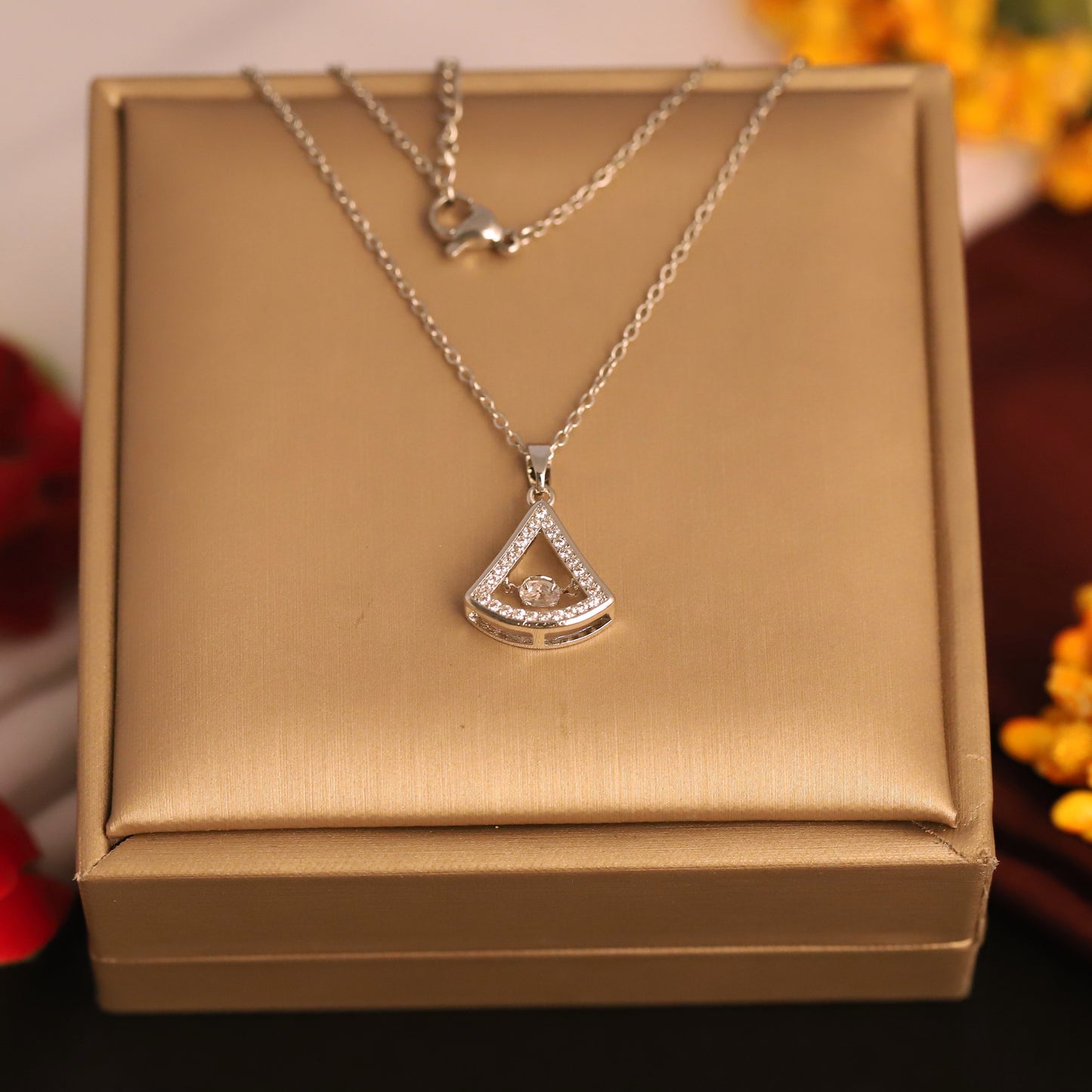 Silver Tone Triangle Pendant Necklace | Sparkling Diamond Accent Geometric Jewelry