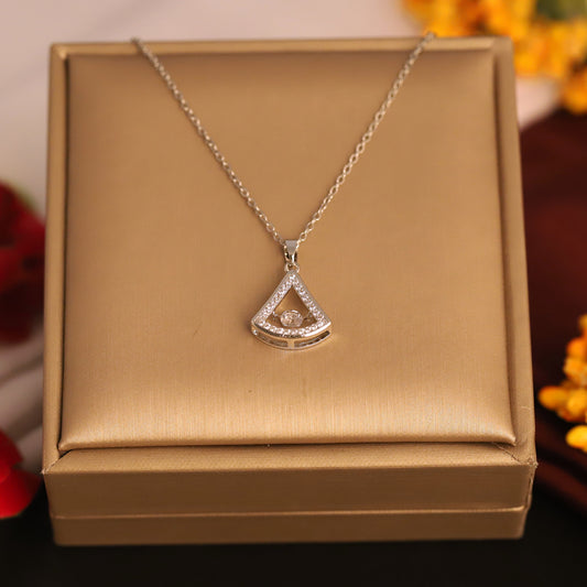 Silver Tone Triangle Pendant Necklace | Sparkling Diamond Accent Geometric Jewelry