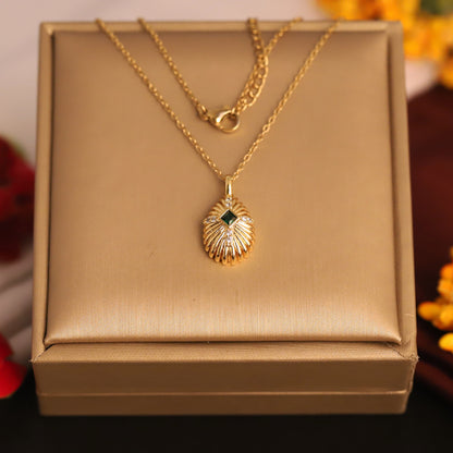 22K Gold Plated Shell Pendant Necklace | Emerald Accent Stainless Steel