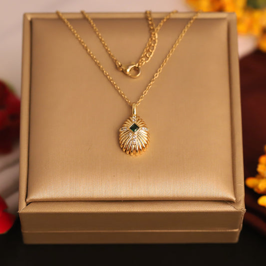 22K Gold Plated Shell Pendant Necklace | Emerald Accent Stainless Steel
