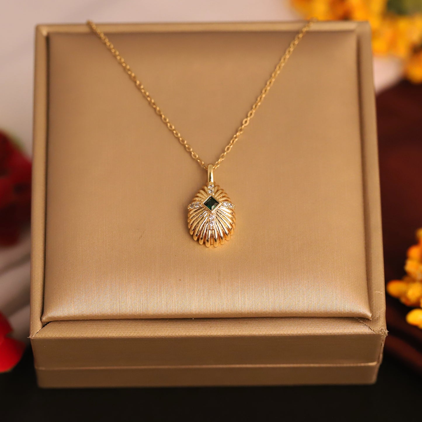 22K Gold Plated Shell Pendant Necklace | Emerald Accent Stainless Steel