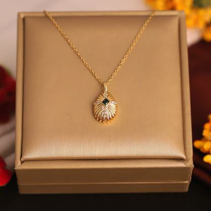 22K Gold Plated Shell Pendant Necklace | Emerald Accent Stainless Steel
