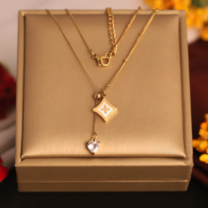 22K Gold Plated Star Cross Lariat Necklace | White MOP Heart Charm Pendant