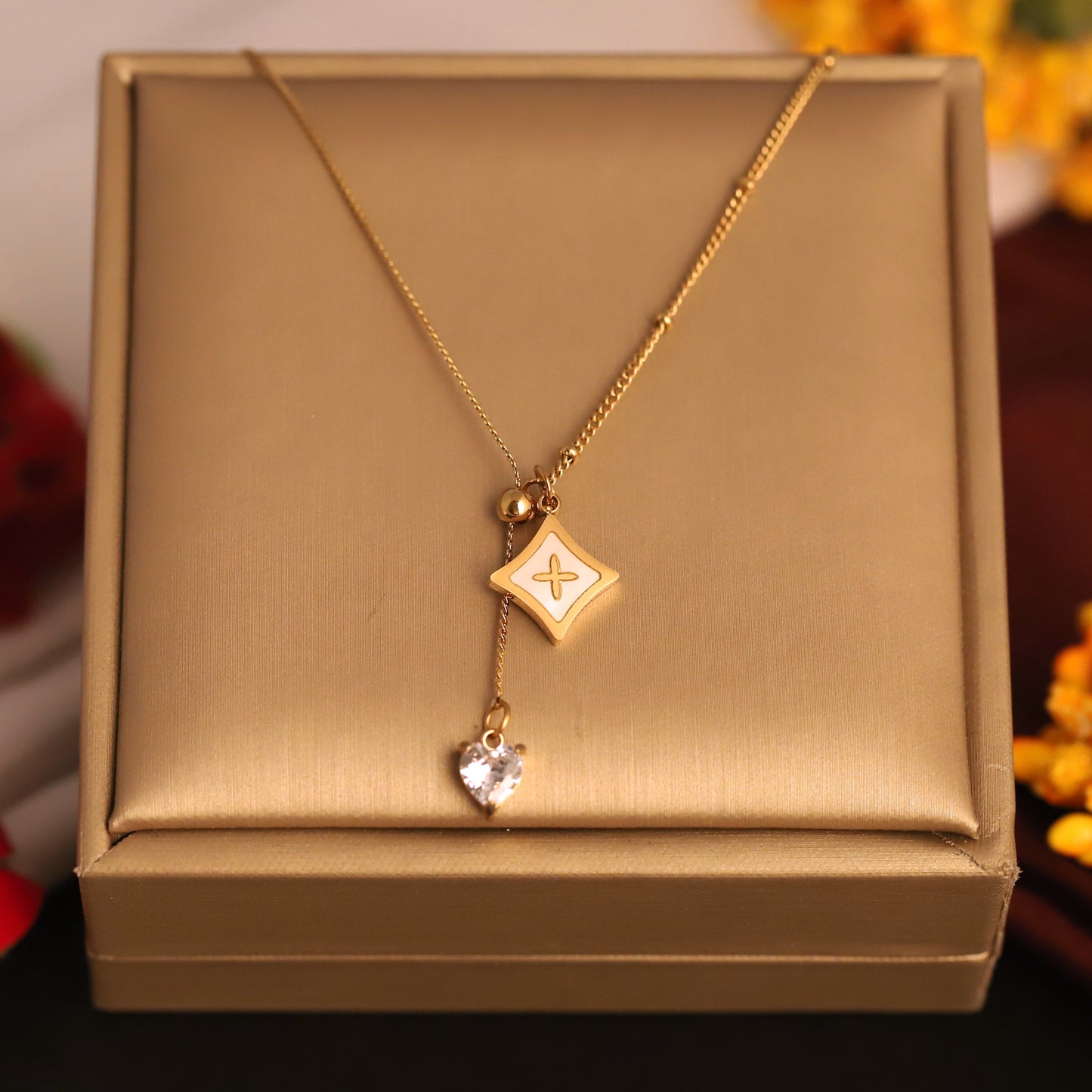 22K Gold Plated Star Cross Lariat Necklace | White MOP Heart Charm Pendant