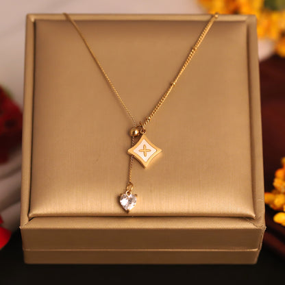 22K Gold Plated Star Cross Lariat Necklace | White MOP Heart Charm Pendant