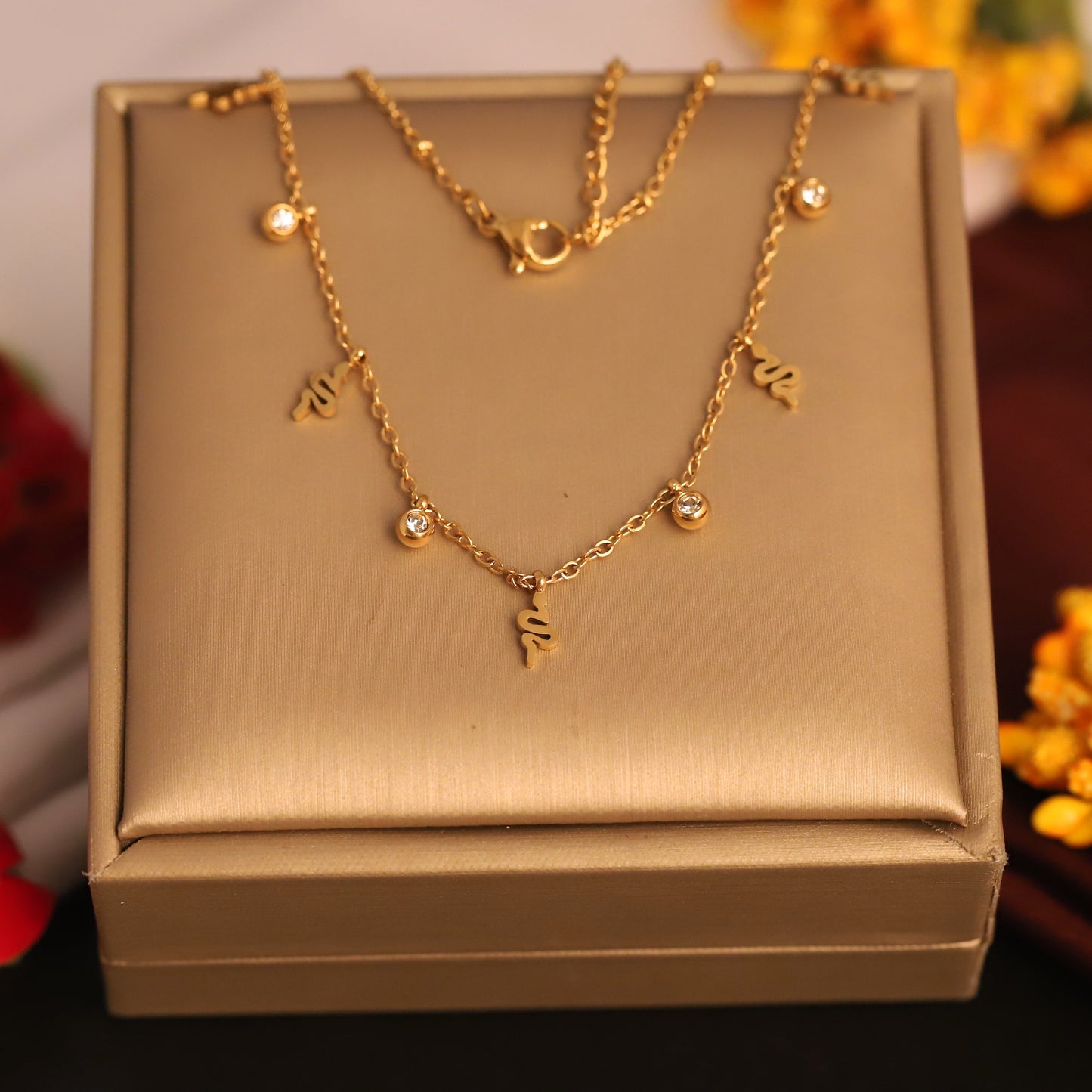22K Gold Plated Snake Charm Necklace | Sparkling Stainless Steel Daily Wear