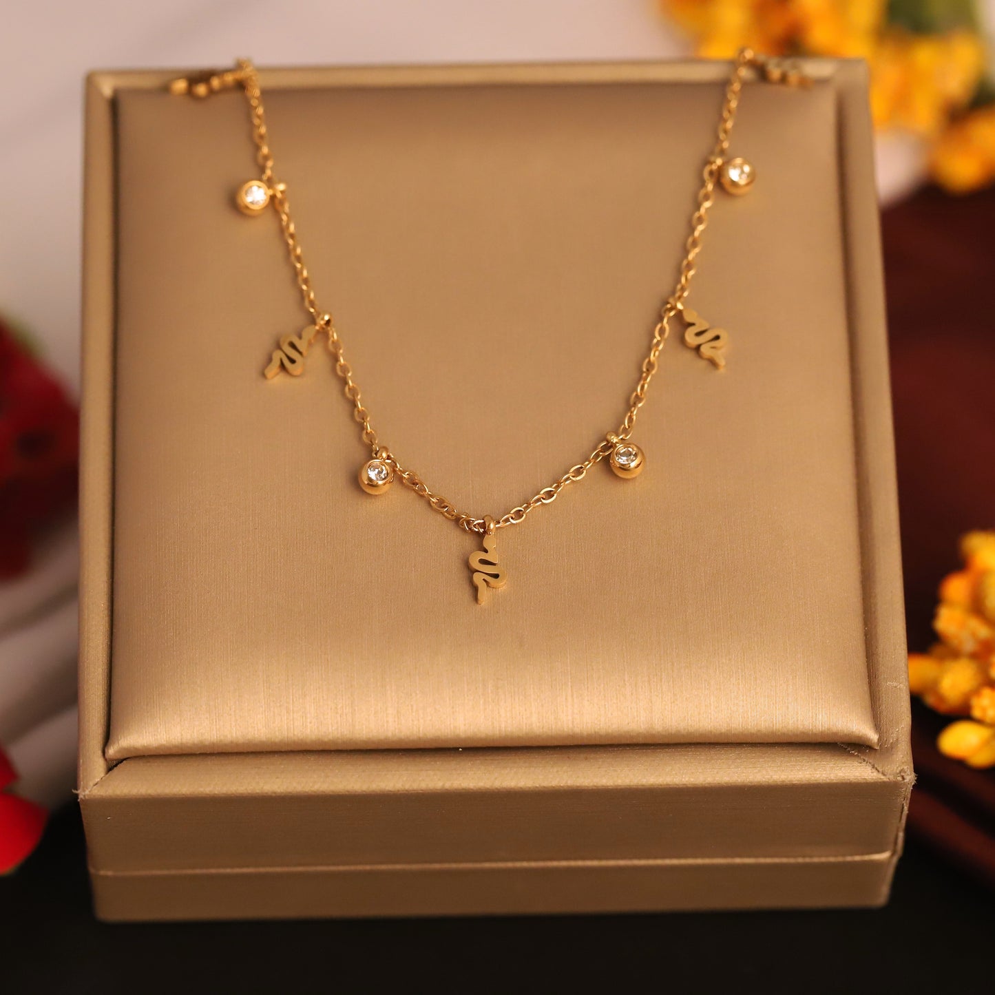 22K Gold Plated Snake Charm Necklace | Sparkling Stainless Steel Daily Wear