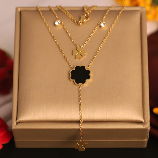 Lucky Clover Layered Necklace | Gold Tone Enamel Flower Pendant | Dainty Crystal Chain Jewelry