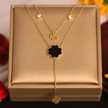Lucky Clover Layered Necklace | Gold Tone Enamel Flower Pendant | Dainty Crystal Chain Jewelry