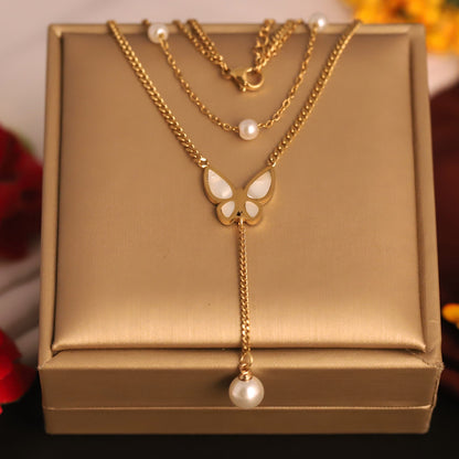 Layered Butterfly & Pearl Necklace | Gold Plated Y-Chain Jewelry