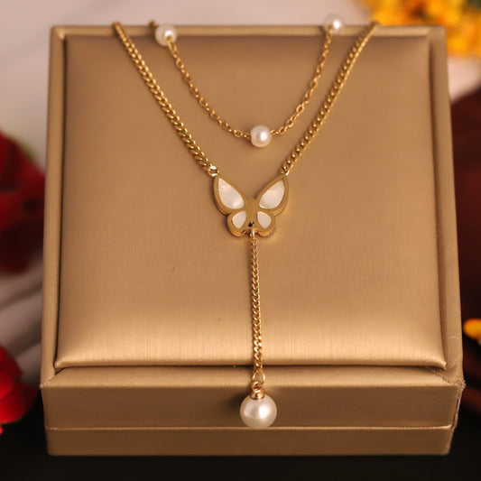 Layered Butterfly & Pearl Necklace | Gold Plated Y-Chain Jewelry