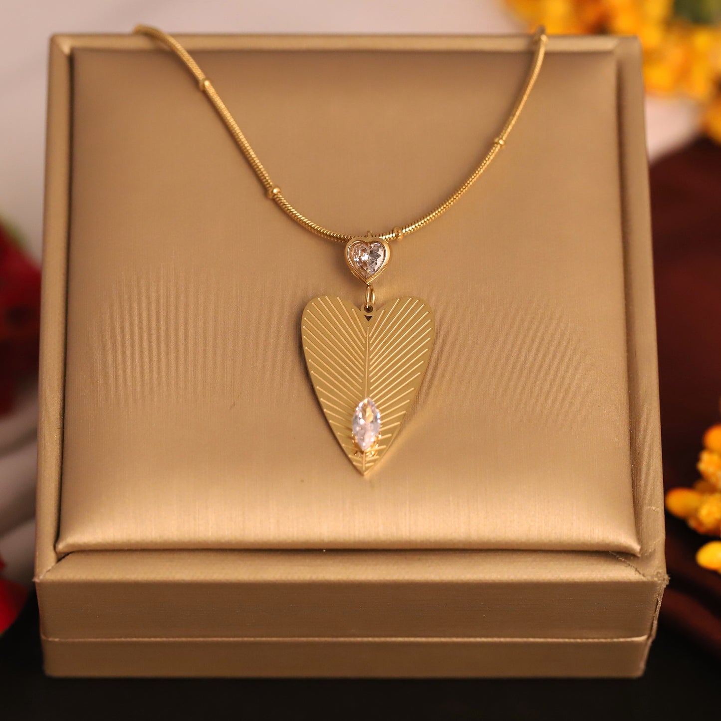 Textured Heart & Crystal Pendant Necklace | Gold Delicate Jewelry