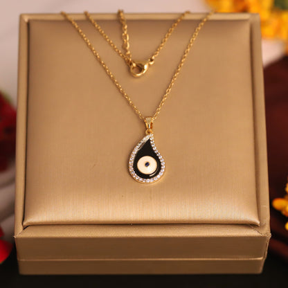 22K Gold Plated Teardrop Evil Eye Necklace | Sparkling Black & Blue Stainless Steel Pendant