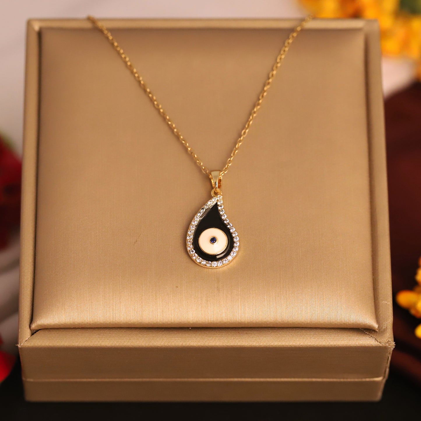 22K Gold Plated Teardrop Evil Eye Necklace | Sparkling Black & Blue Stainless Steel Pendant
