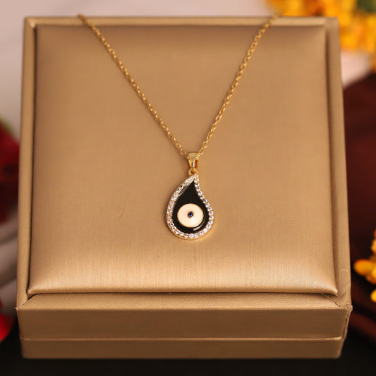 22K Gold Plated Teardrop Evil Eye Necklace | Sparkling Black & Blue Stainless Steel Pendant