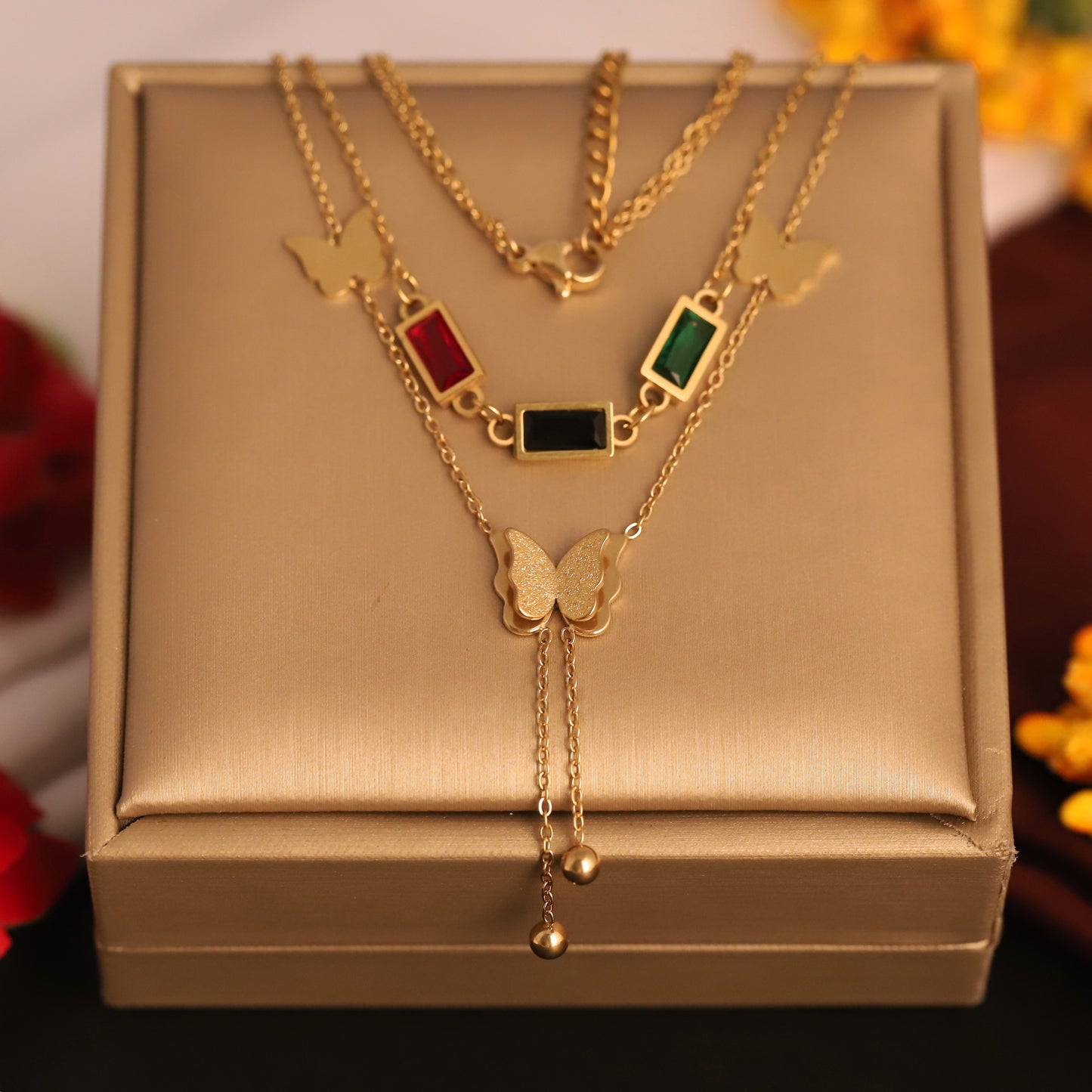 Unique Layered Butterfly and Gemstone Necklace - Gold Tone Statement