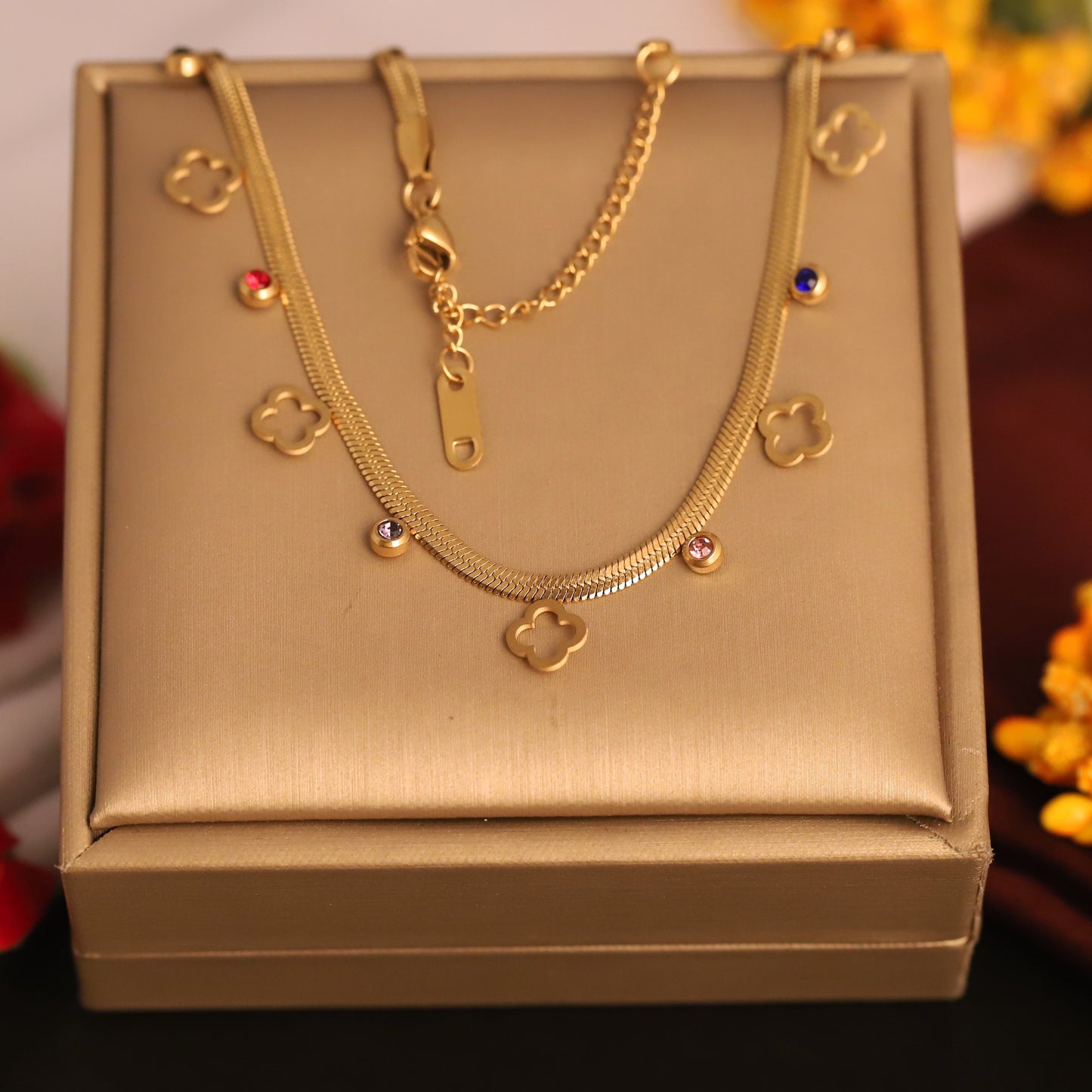 Elegant Gold Plated Clover Charm Choker Necklace with Colorful Crystals