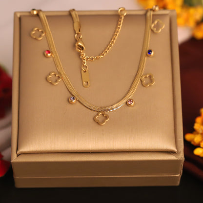 Elegant Gold Plated Clover Charm Choker Necklace with Colorful Crystals