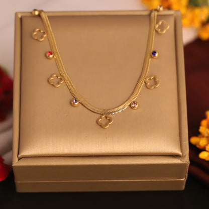 Elegant Gold Plated Clover Charm Choker Necklace with Colorful Crystals