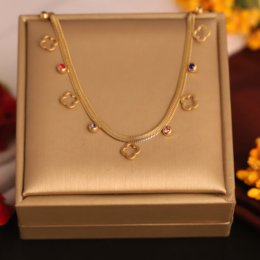 Elegant Gold Plated Clover Charm Choker Necklace with Colorful Crystals