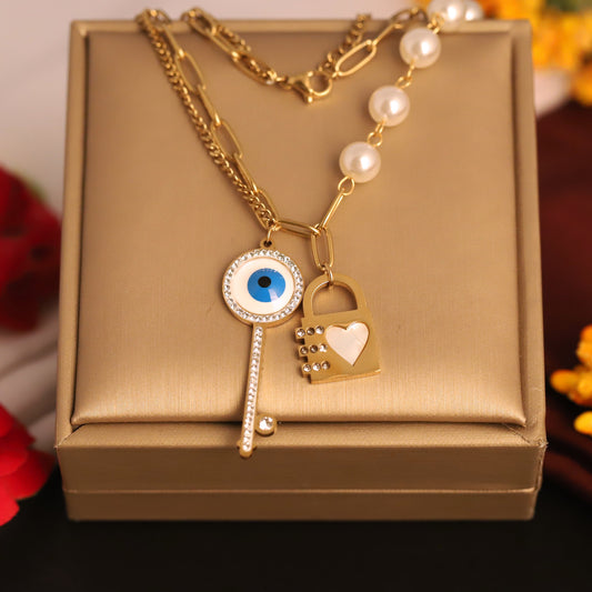Layered Key & Lock Charm Necklace | Gold Pearl Asymmetrical Jewelry
