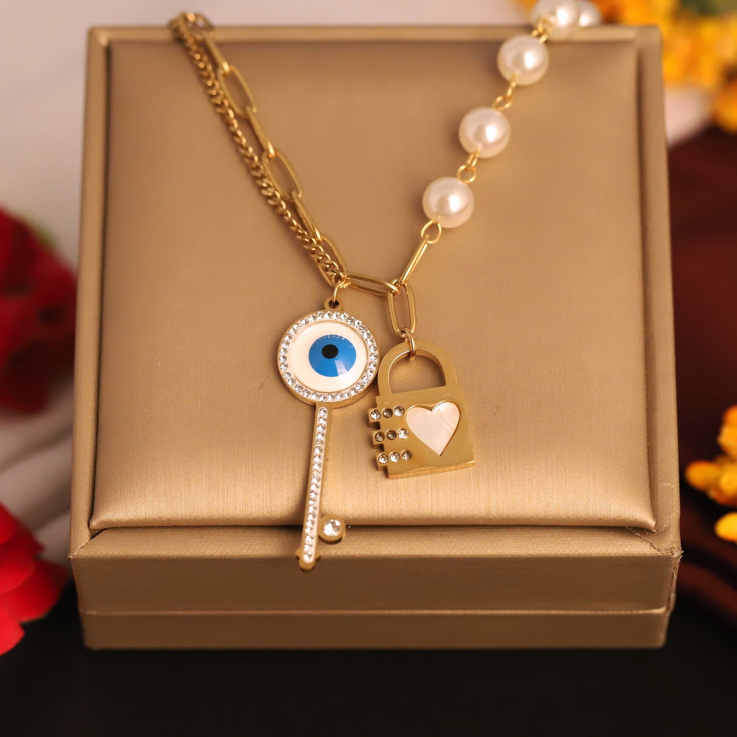 Layered Key & Lock Charm Necklace | Gold Pearl Asymmetrical Jewelry