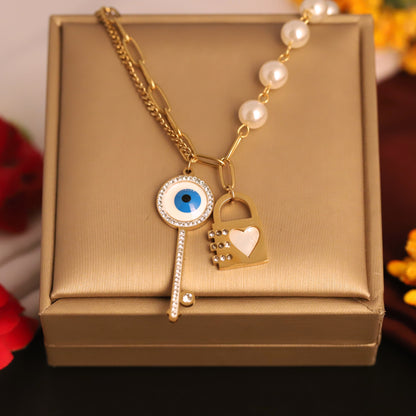 Layered Key & Lock Charm Necklace | Gold Pearl Asymmetrical Jewelry
