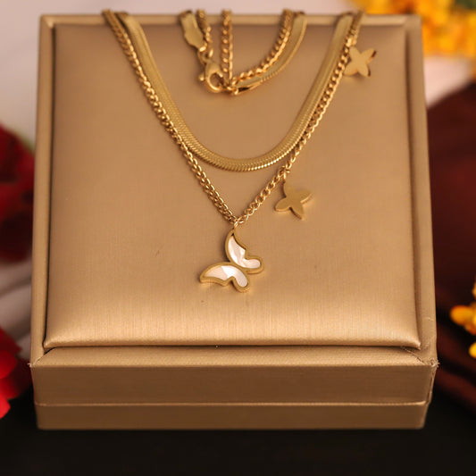 Gold Butterfly Layered Necklace - Herringbone & Charm Pendant