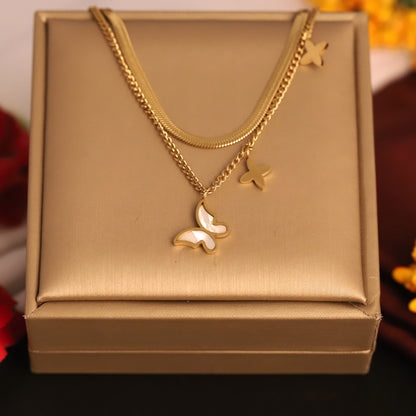 Gold Butterfly Layered Necklace - Herringbone & Charm Pendant