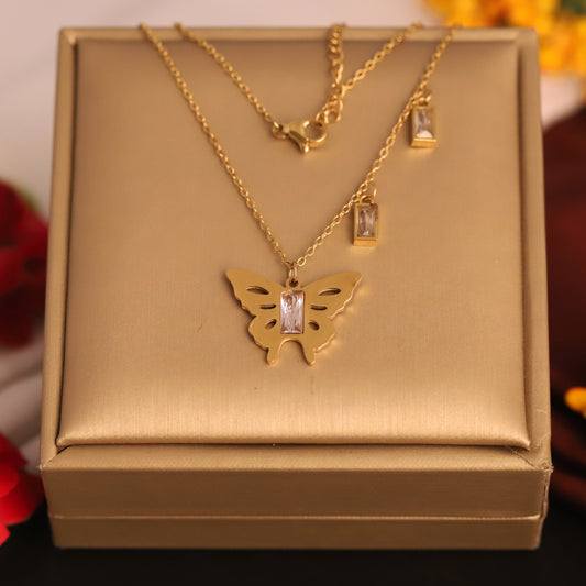 Layered Butterfly Necklace | Gold Snake Chain & Curb Chain Jewelry