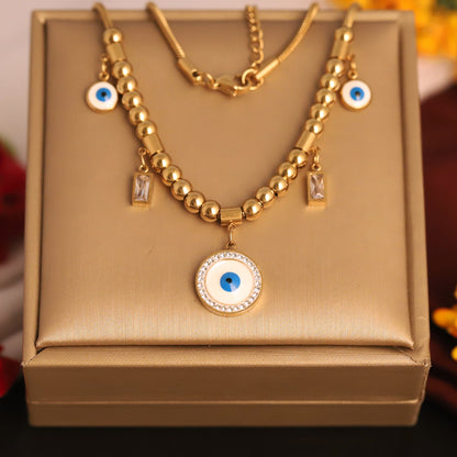 Gold Evil Eye Beaded Necklace - Layered Lucky Charm Pendant