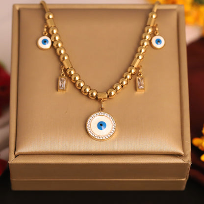 Gold Evil Eye Beaded Necklace - Layered Lucky Charm Pendant