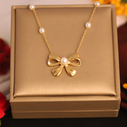 Elegant Gold Plated Bow Necklace with Pearl Accents | Dainty Ribbon & Pearl Jewelry