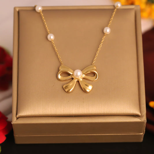 Elegant Gold Plated Bow Necklace with Pearl Accents | Dainty Ribbon & Pearl Jewelry