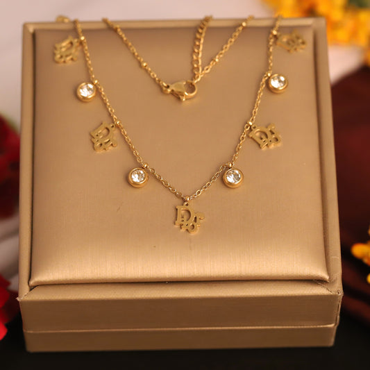 Elegant Gold Plated D-Logo & Zircon Charm Necklace - Designer Inspired Fashion Jewelry