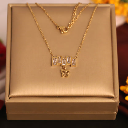 Gold Bar & Butterfly Pendant Necklace | Baguette Zirconia Necklace | Dainty Charm Jewelry