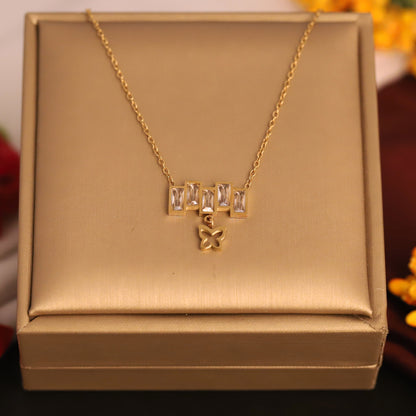 Gold Bar & Butterfly Pendant Necklace | Baguette Zirconia Necklace | Dainty Charm Jewelry