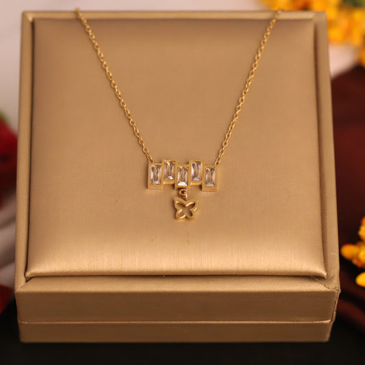 Gold Bar & Butterfly Pendant Necklace | Baguette Zirconia Necklace | Dainty Charm Jewelry