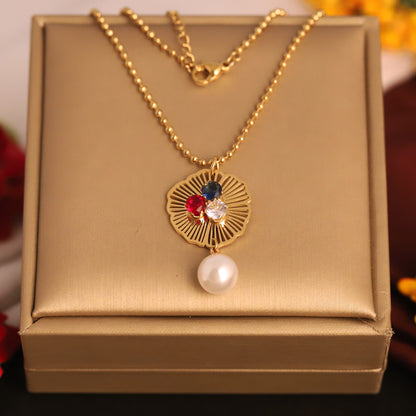 Floral Pearl & Gemstone Pendant Necklace | Gold Beaded Chain Jewelry