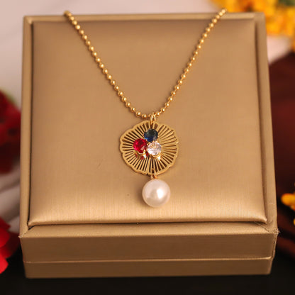 Floral Pearl & Gemstone Pendant Necklace | Gold Beaded Chain Jewelry