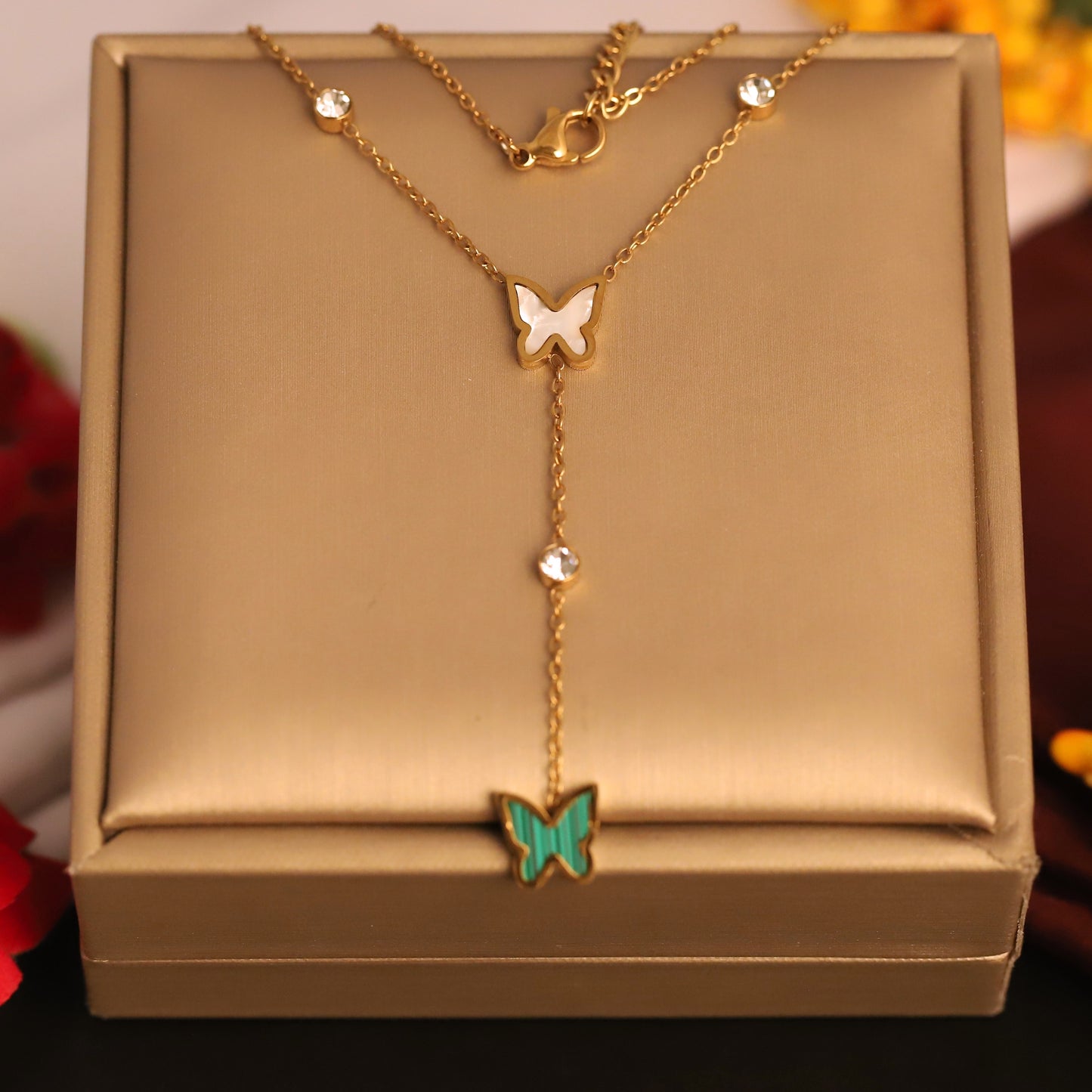 Elegant Butterfly Y-Drop Necklace - Gold Tone with Mother of Pearl